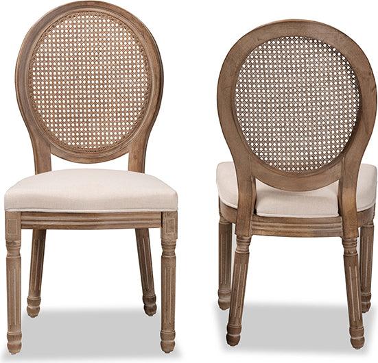 Wholesale Interiors Dining Chairs - Louis Beige Fabric and Antique Brown Finished Wood 2-Piece Dining Chair Set with Rattan
