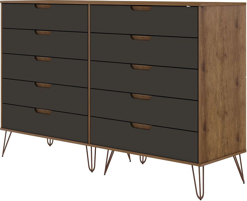 Manhattan Comfort Dressers - Rockefeller 10-Drawer Double Tall Dresser with Metal Legs in Nature & Textured Gray