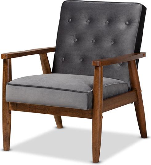 Wholesale Interiors Accent Chairs - Sorrento Mid-Century Modern Grey Velvet Fabric Upholstered Walnut Finished Wooden Lounge Chair