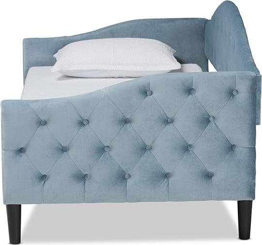 Wholesale Interiors Daybeds - Benjamin Modern Light Blue Velvet Fabric Upholstered and Dark Brown Finished Wood Twin Size Daybed