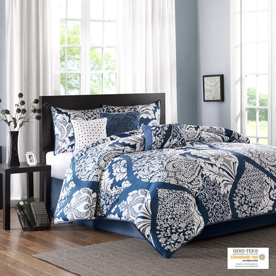 Olliix.com Comforters & Blankets - 7 Piece Cotton Printed Comforter Set Indigo King