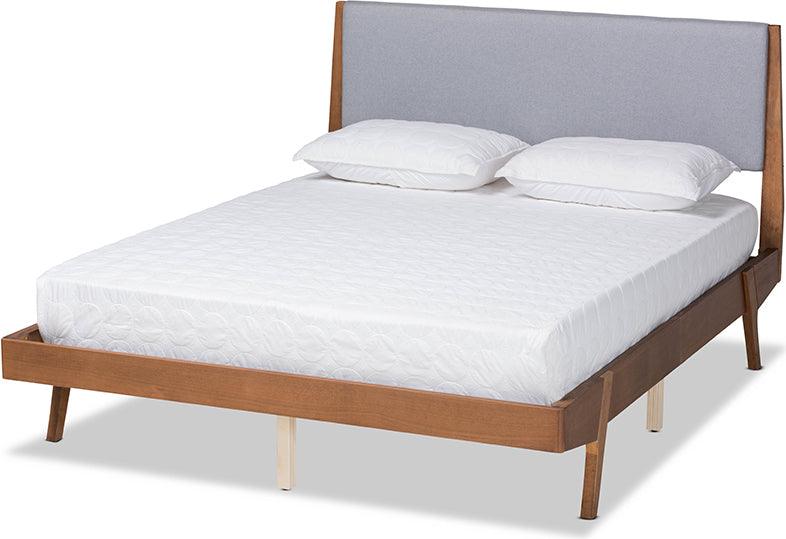 Wholesale Interiors Beds - Senna Mid-Century Modern Grey Fabric and Walnut Brown Wood King Size Platform Bed