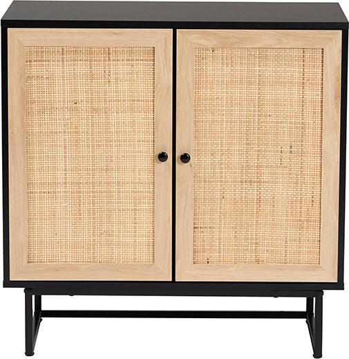 Wholesale Interiors Buffets & Cabinets - Declan Mid-Century Modern Espresso Brown Finished Wood and Natural Rattan 2-Door Storage Cabinet