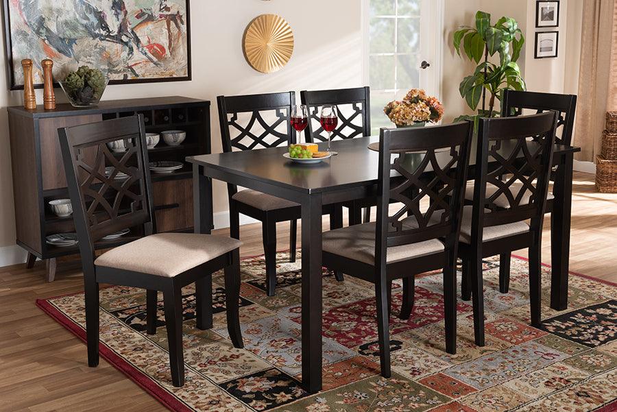 Wholesale Interiors Dining Sets - Mael Sand Fabric Upholstered And Espresso Brown Finished Wood 7-Piece Dining Set