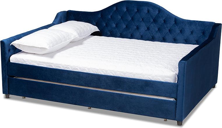 Wholesale Interiors Daybeds - Perry Royal Blue Velvet Fabric Upholstered And Button Tufted Queen Size Daybed With Trundle