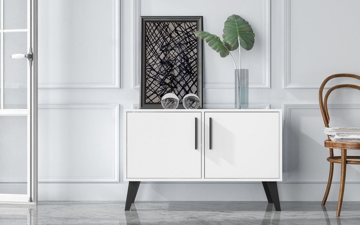 Manhattan Comfort Buffets & Sideboards - Mid-Century- Modern Amsterdam Double Side Table 2.0 with 3 Shelves in White