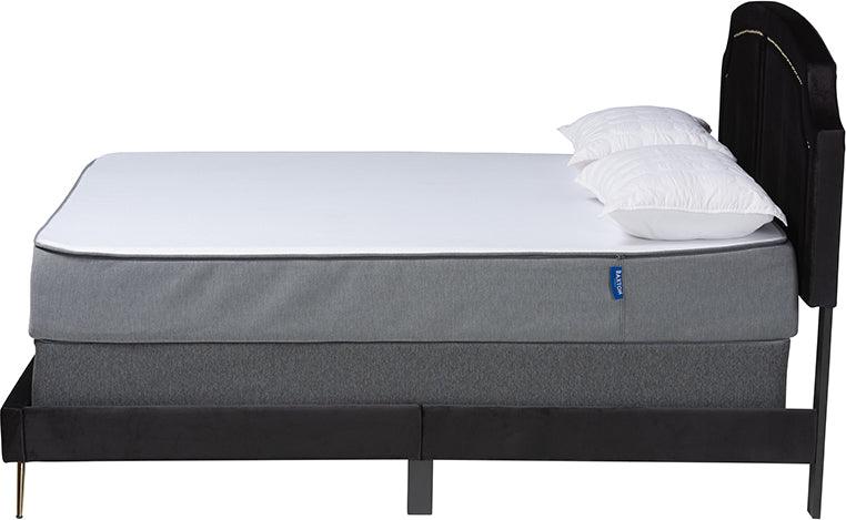 Wholesale Interiors Beds - Oxley Traditional Glam and Luxe Black Velvet and Gold Metal Queen Size Panel Bed