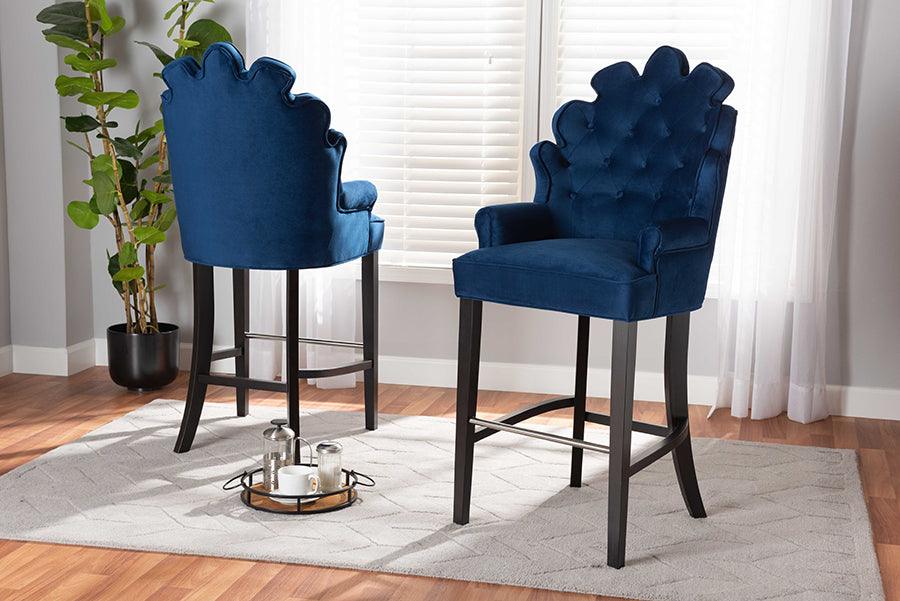 Wholesale Interiors Barstools - Chloe Navy Blue Velvet Upholstered and Dark Brown Finished Wood 2-Piece Bar Stool Set