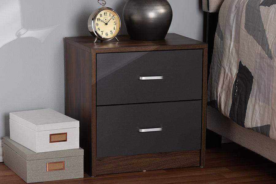 Wholesale Interiors Nightstands & Side Tables - Hansel Modern and Contemporary 2-Drawer Dark Brown and Dark Gray Finished Nightstand