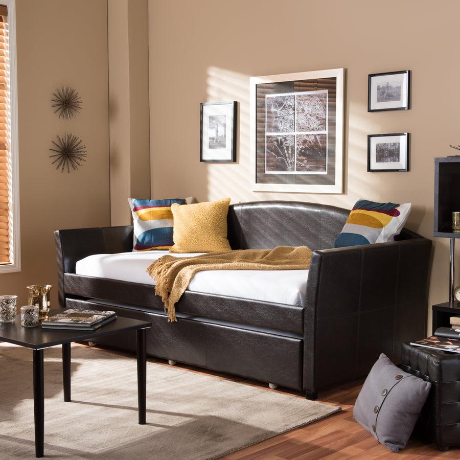 Wholesale Interiors Daybeds - London Brown Arched Back Sofa Twin Daybed with Roll-Out Trundle Guest Bed