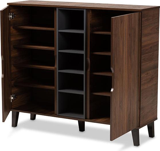 Wholesale Interiors Shoe Storage - Idina Mid-Century Modern Two-Tone Walnut Brown and Grey Wood 2-Door Shoe Cabinet