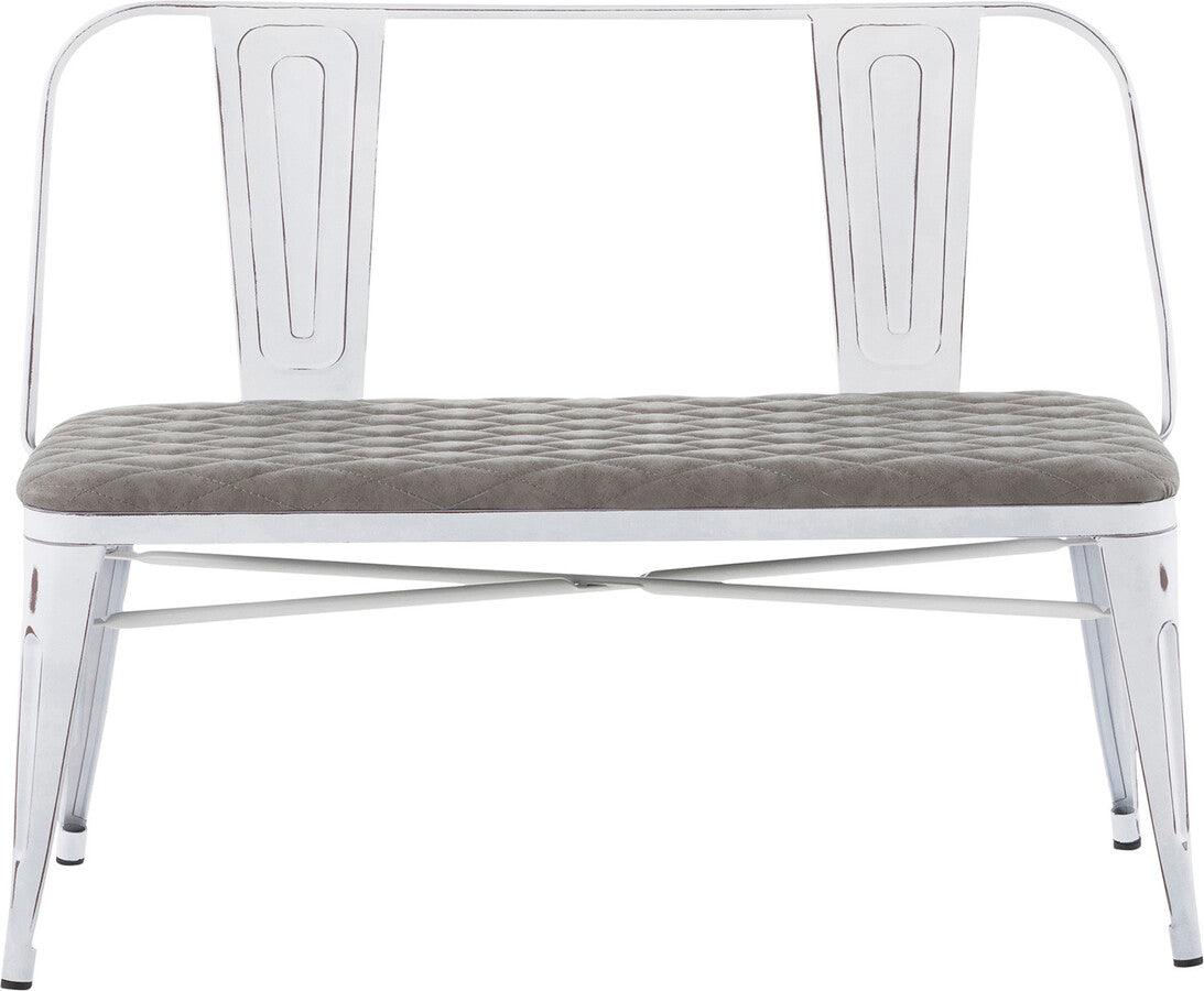 Lumisource Benches - Oregon Industrial Upholstered Bench in Vintage White Metal and Grey Cowboy Fabric