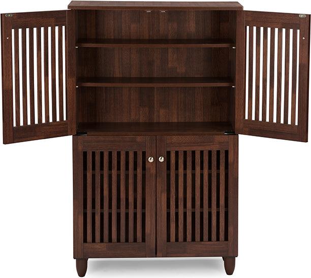 Wholesale Interiors Shoe Storage - Fernanda Modern and Contemporary 4-Door Oak Brown Wooden Entryway Shoes Storage Tall Cabinet