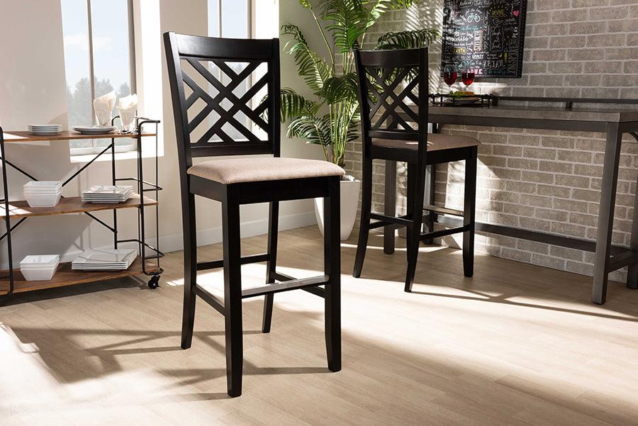 Wholesale Interiors Barstools - Jason Sand Fabric Upholstered and Espresso Brown Finished Wood 2-Piece Bar Stool Set