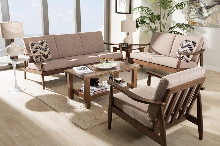 Wholesale Interiors Living Room Sets - Venza Mid-Century Modern Walnut Wood Light Brown Fabric 3-Piece Livingroom Set
