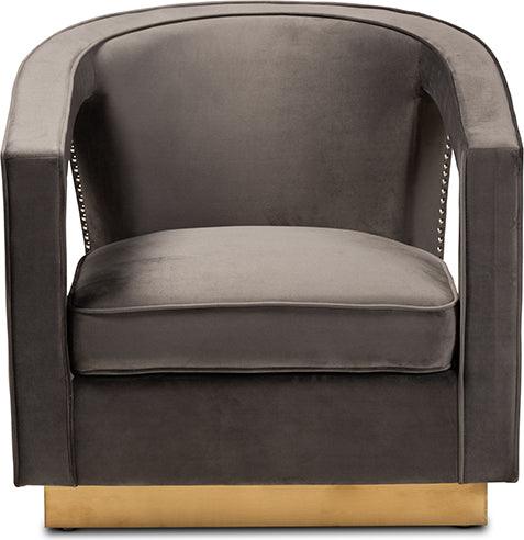 Wholesale Interiors Accent Chairs - Neville Grey Velvet Fabric Upholstered and Gold Finished Metal Armchair