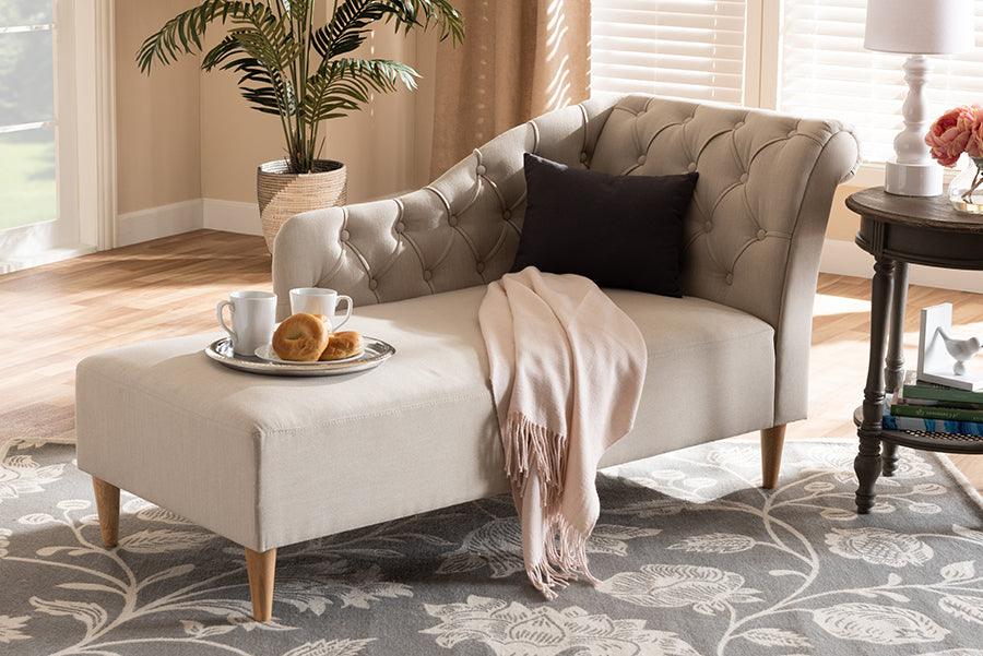 Wholesale Interiors Accent Chairs - Emeline Modern and Contemporary Beige Fabric Upholstered Oak Finished Chaise Lounge