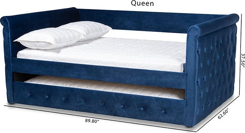 Wholesale Interiors Daybeds - Amaya Modern and Contemporary Blue Velvet Queen Size Daybed with Trundle