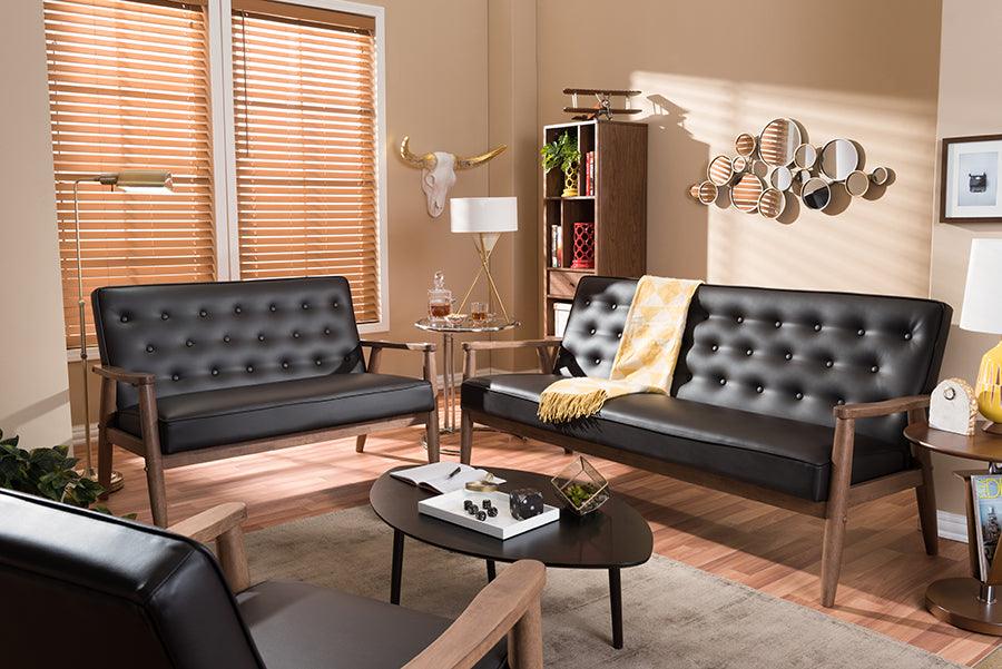 Wholesale Interiors Living Room Sets - Sorrento Mid-Century Retro Modern Brown Faux Leather Upholstered Wooden 3 Piece Living Room Set