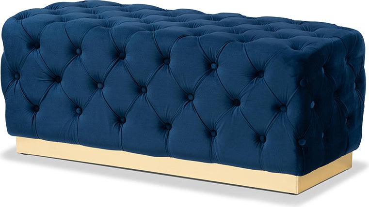 Wholesale Interiors Ottomans & Stools - Corrine Glam and Luxe Navy Blue Velvet Fabric Upholstered and Gold PU Leather Ottoman