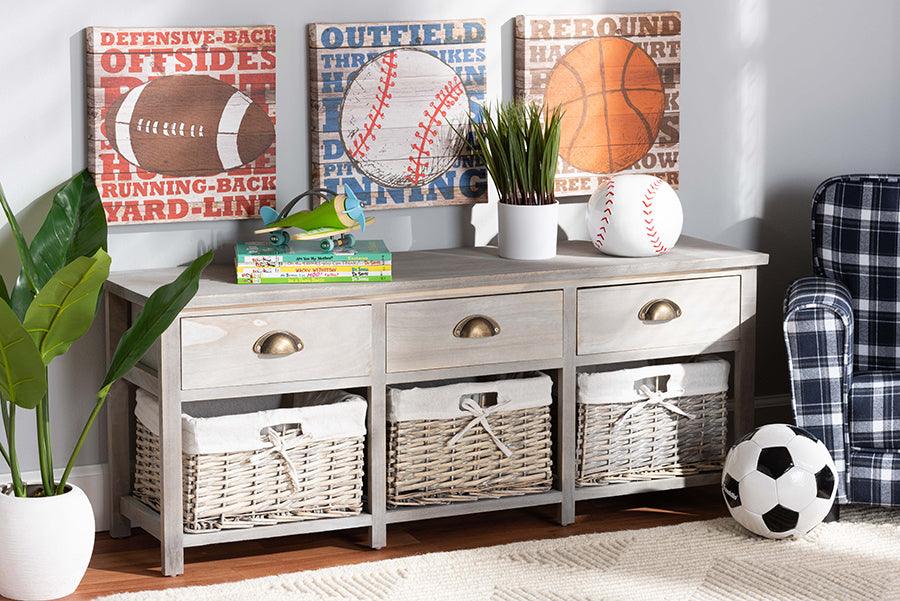 Wholesale Interiors Benches - Mabyn Contemporary Light Grey Wood 3-Drawer Storage Bench with Baskets