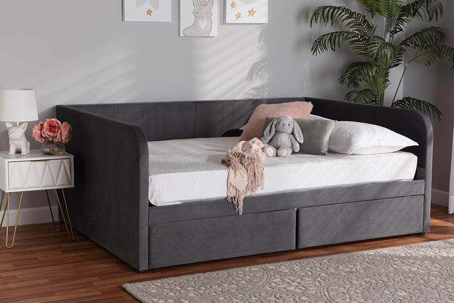 Wholesale Interiors Daybeds - Basanti Grey Velvet Fabric Upholstered Full Size 2-Drawer Daybed