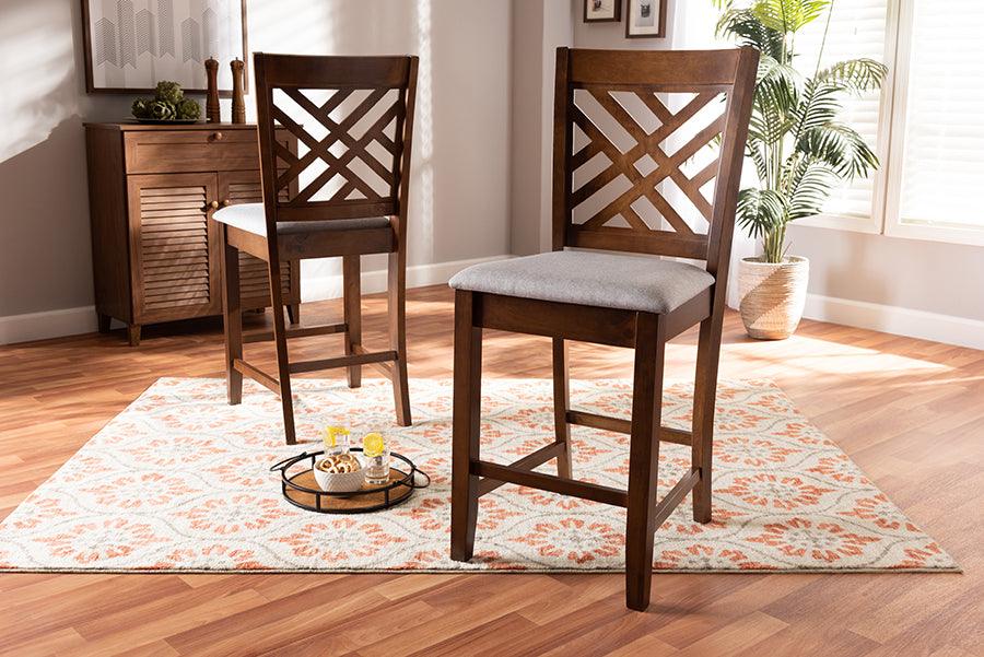 Wholesale Interiors Barstools - Caron Contemporary Grey Fabric Brown 2-Piece Wood Counter Height Pub Chair Set