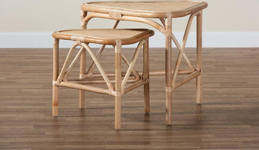 Wholesale Interiors Side & End Tables - Jayden Modern Bohemian Natural Brown Finished Rattan 2-Piece End Table Set