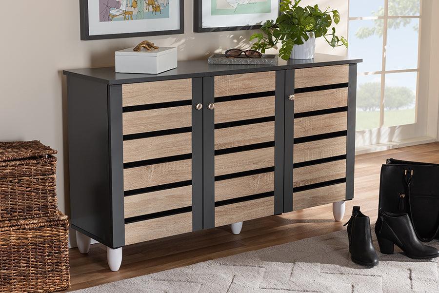 Wholesale Interiors Shoe Storage - Gisela Modern and Contemporary Two-Tone Oak and Dark Gray 3-Door Shoe Storage Cabinet