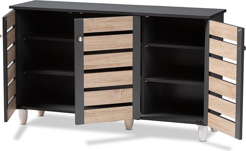 Wholesale Interiors Shoe Storage - Gisela Modern and Contemporary Two-Tone Oak and Dark Gray 3-Door Shoe Storage Cabinet