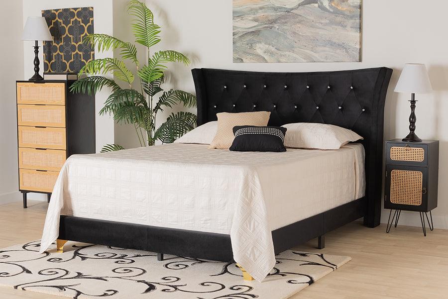Wholesale Interiors Beds - Easton Contemporary Glam and Luxe Black Velvet and Gold Metal Queen Size Panel Bed