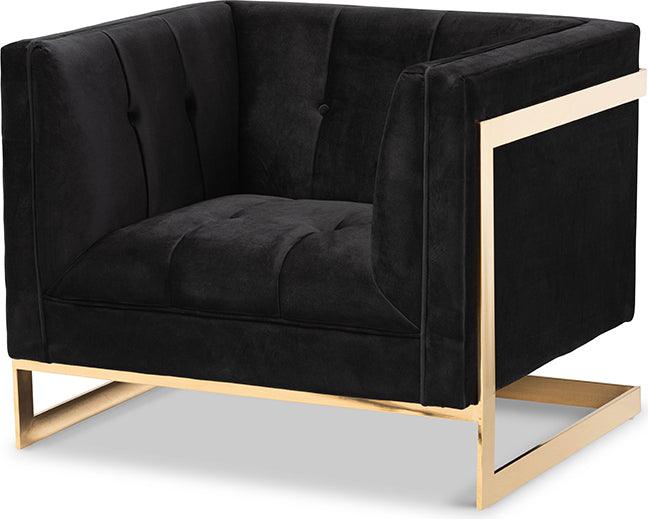 Wholesale Interiors Accent Chairs - Ambra Black Velvet Fabric Upholstered and Button Tufted Armchair with Gold-Tone Frame