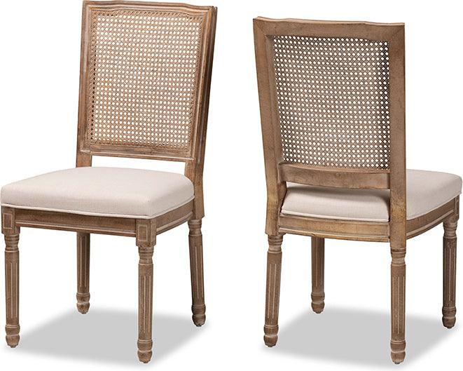 Wholesale Interiors Dining Chairs - Louane Beige Fabric and Antique Brown Finished Wood 2-Piece Dining Chair Set with Rattan