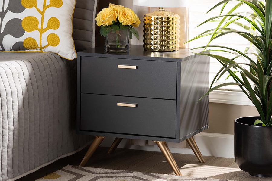 Wholesale Interiors Nightstands & Side Tables - Kelson Dark Grey and Gold Finished Wood 2-Drawer Nightstand
