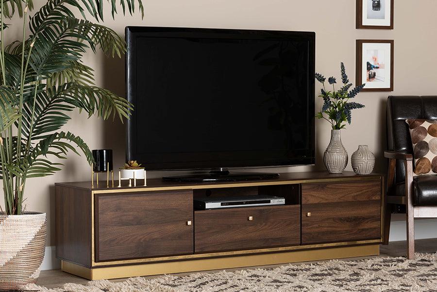 Wholesale Interiors TV & Media Units - Cormac Mid-Century Modern Transitional Brown Wood and Gold Metal 2-Door TV Stand