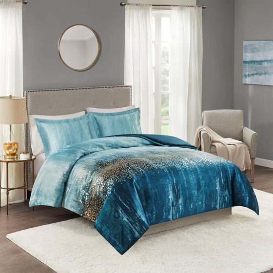 Olliix.com Duvet & Duvet Sets - 3 Piece Metallic Print Duvet Set Navy Full/Queen