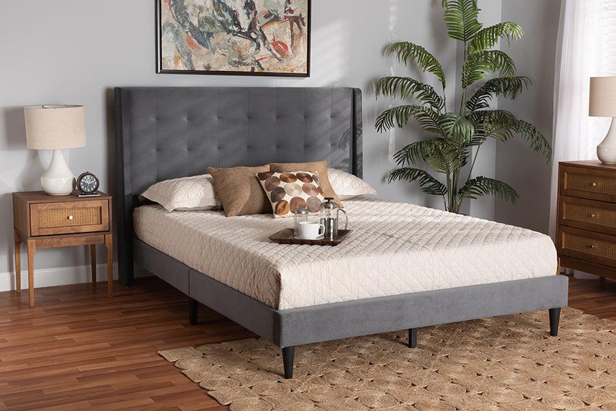 Wholesale Interiors Beds - Gothard Grey Velvet Fabric Upholstered and Dark Brown Finished Wood Queen Size Platform Bed