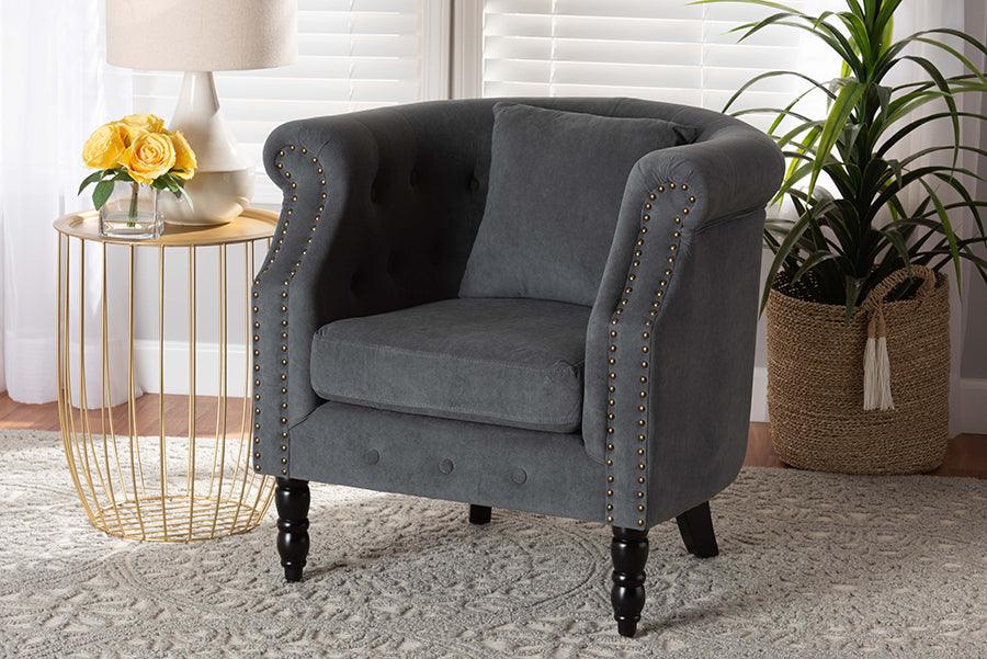 Wholesale Interiors Accent Chairs - Renessa Classic and Traditional Grey Velvet and Brown Wood Armchair