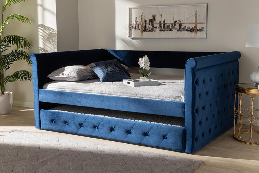 Wholesale Interiors Daybeds - Amaya Modern and Contemporary Blue Velvet Queen Size Daybed with Trundle