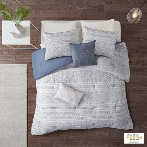 Olliix.com Comforters & Blankets - 5 Piece Cotton Clip Jacquard Comforter Set White/Indigo Full/Queen