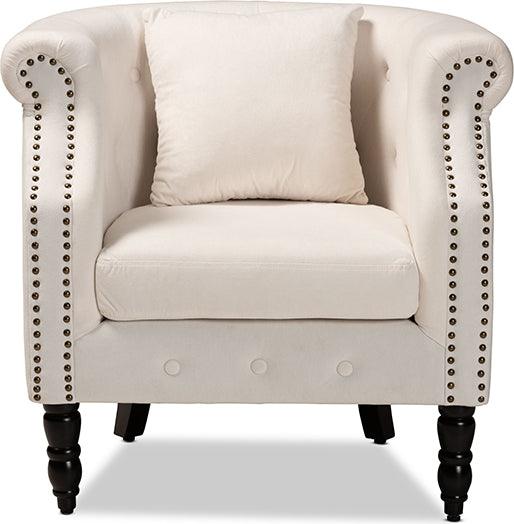Wholesale Interiors Accent Chairs - Renessa Classic and Traditional Beige Velvet and Dark Brown Wood Armchair