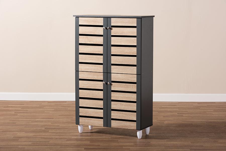 Wholesale Interiors Shoe Storage - Gisela Modern and Contemporary Two-Tone Oak and Dark Gray 4-Door Shoe Storage Cabinet