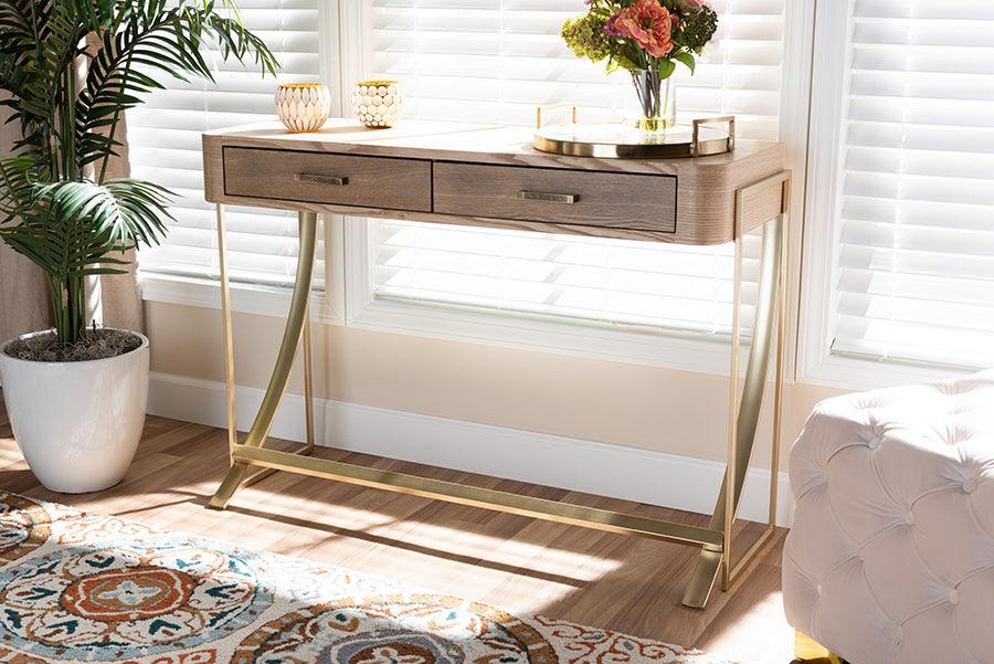 Wholesale Interiors Consoles - Lafoy Natural Brown Finished Wood & Gold Finished 2-Drawer Console Table