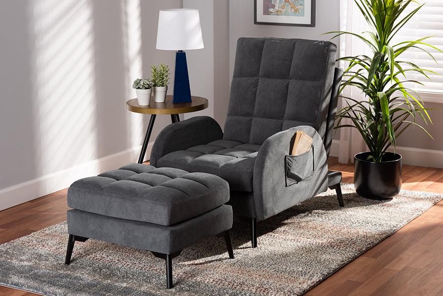 Wholesale Interiors Living Room Sets - Belden Grey Velvet Fabric Upholstered and Black Metal 2-Piece Recliner Chair and Ottoman Set