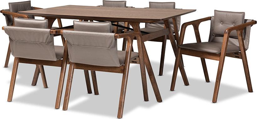 Wholesale Interiors Dining Sets - Marcena Mid-Century Modern Grey Leather and Brown Finished Wood 7-Piece Dining Set