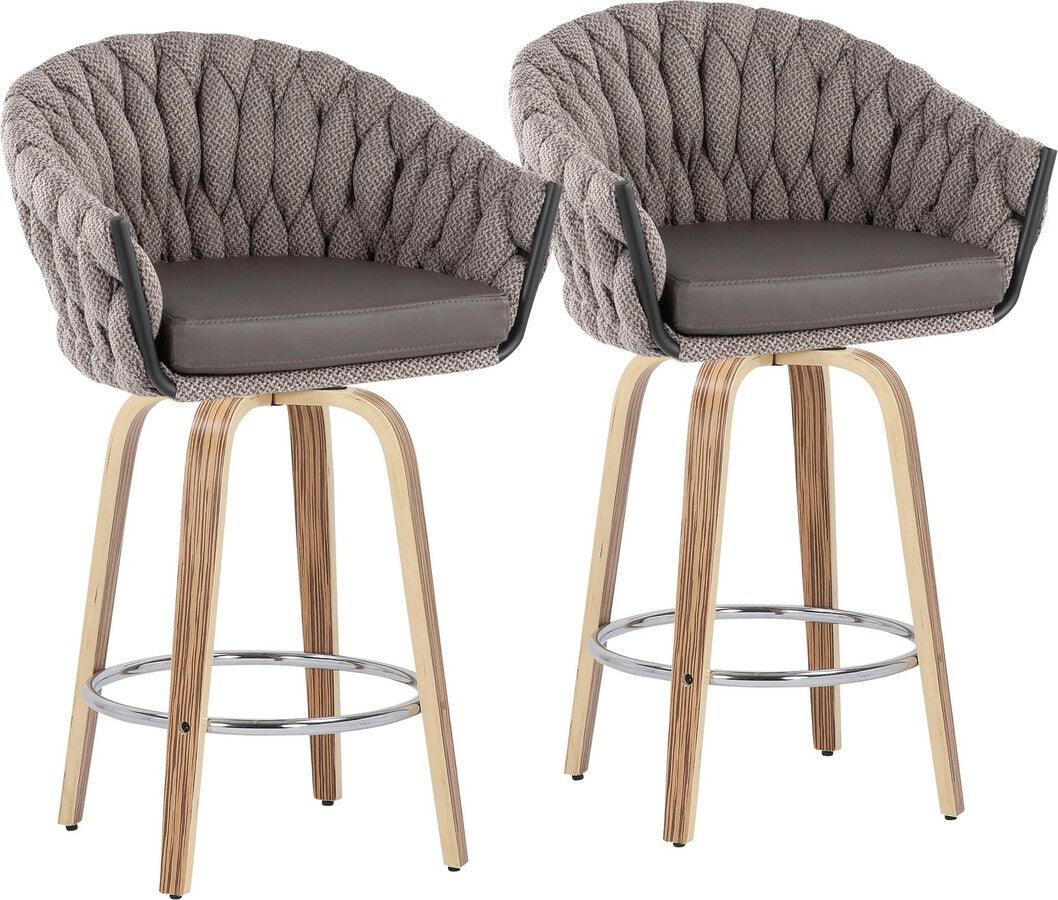 Lumisource Barstools - Braided Matisse Counter Stool With Zebra Wood Legs & Round Chrome Footrest With Grey (Set of 2)