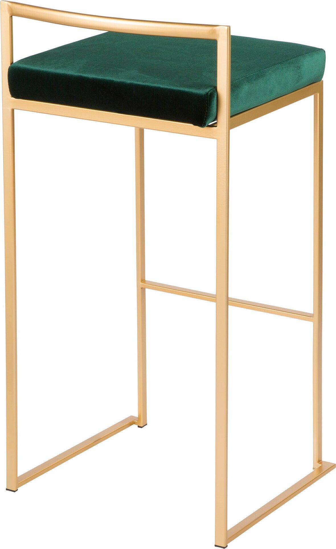 Lumisource Barstools - Fuji Contemporary-Glam Stackable Barstool in Gold with Green Velvet Cushion (Set of 2)
