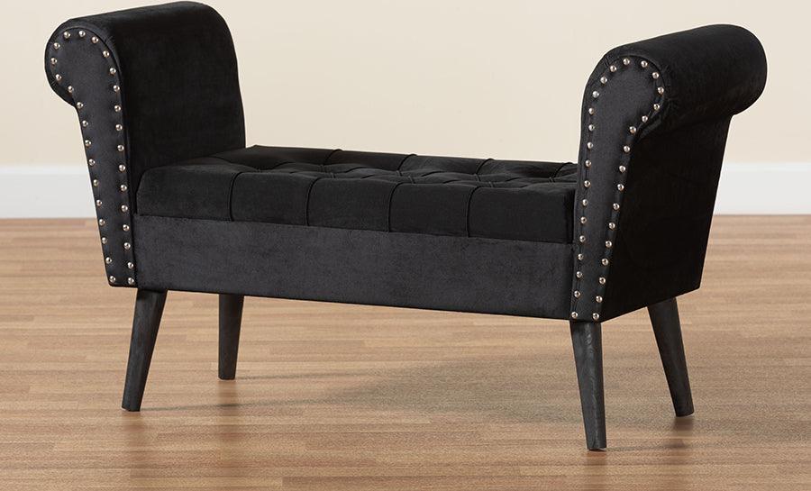 Wholesale Interiors Benches - Hanayo Contemporary Glam and Luxe Black Velvet Fabric Upholstered Black Finished Wood Bench