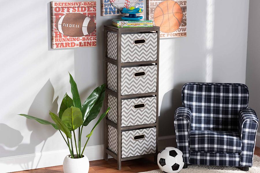 Wholesale Interiors Bedroom Organization - Jorah Modern Grey and White Fabric Greywashed Wood 4-Basket Tallboy Storage Unit