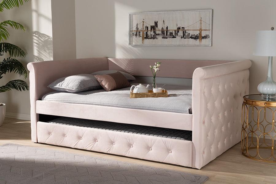 Wholesale Interiors Daybeds - Amaya Modern and Contemporary Light Pink Velvet Full Size Daybed with Trundle